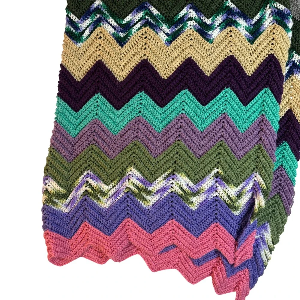 Vintage 70 Crochet Afghan Blanket Chevron Zig Zag Multicolor Handmade Boho Throw